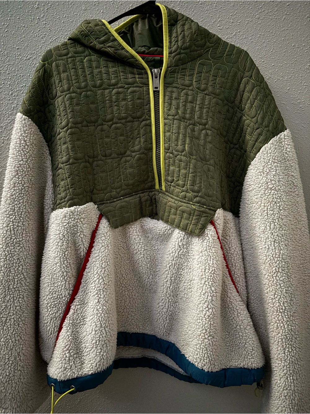 UGG Olive Green and Cream Sherpa Pullover Hoodie with Color Accents